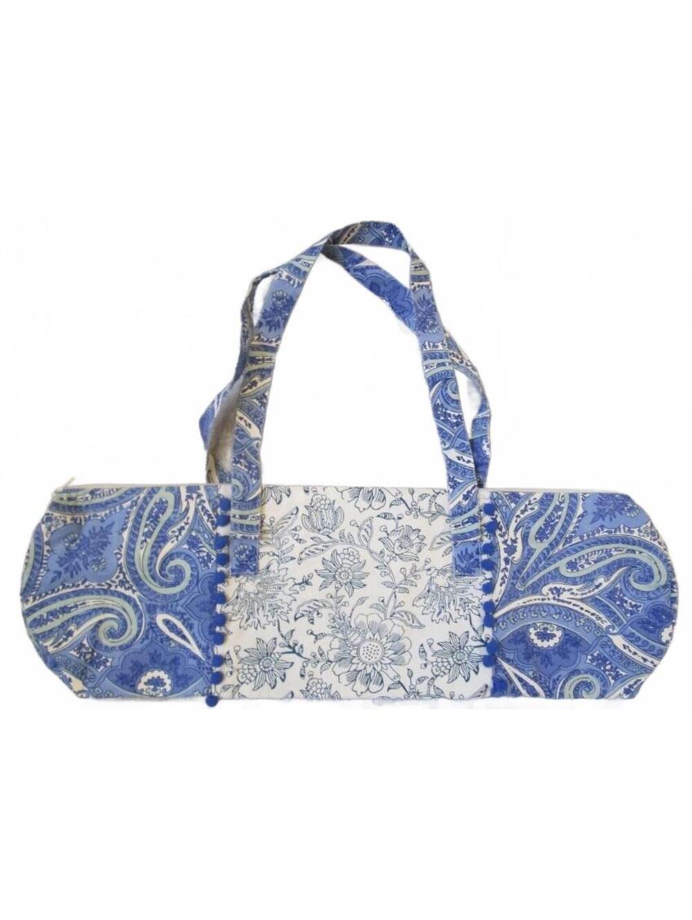 April Cornell Blue and White Cotton Yoga Mat Bag with Floral and Paisley Print